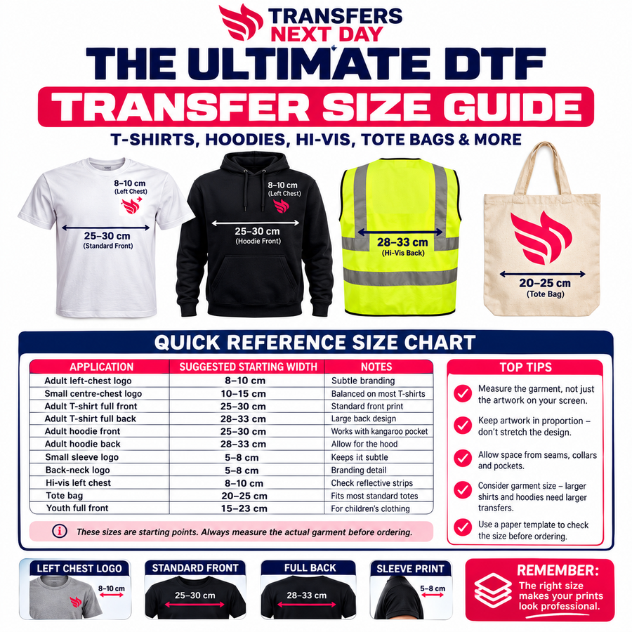 Ultimate DTF Transfer Size Guide: T-Shirts, Hoodies, Hi-Vis & More