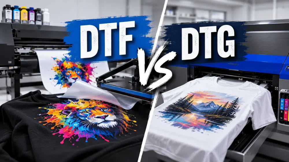 DTF vs DTG printing comparison featuring vibrant custom t-shirt designs