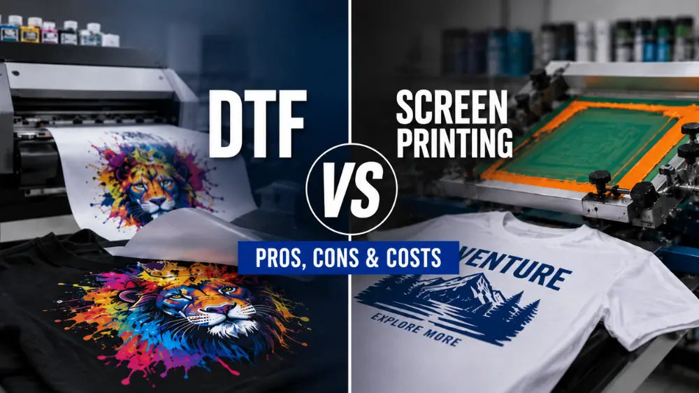 A split comparison graphic showing DTF (Direct to Film) and Screen Printing methods. The left side shows a colourful lion graphic printed on a black t-shirt and a white sheet on a printer, with text reading 'DTF'.