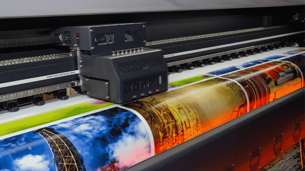 Printer in action with colourful print material