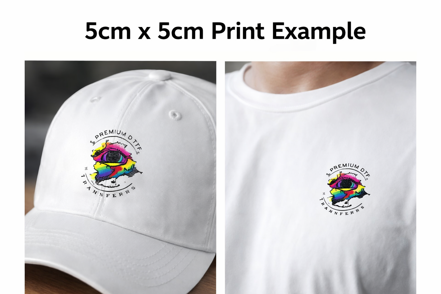 White cap and t-shirt with a colourful logo and text, showing 5cm x 5cm print size