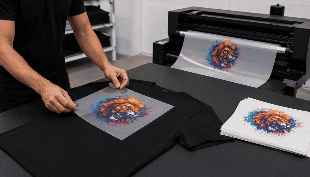 Person applying a colourful lion design to a black t-shirt using a large printer