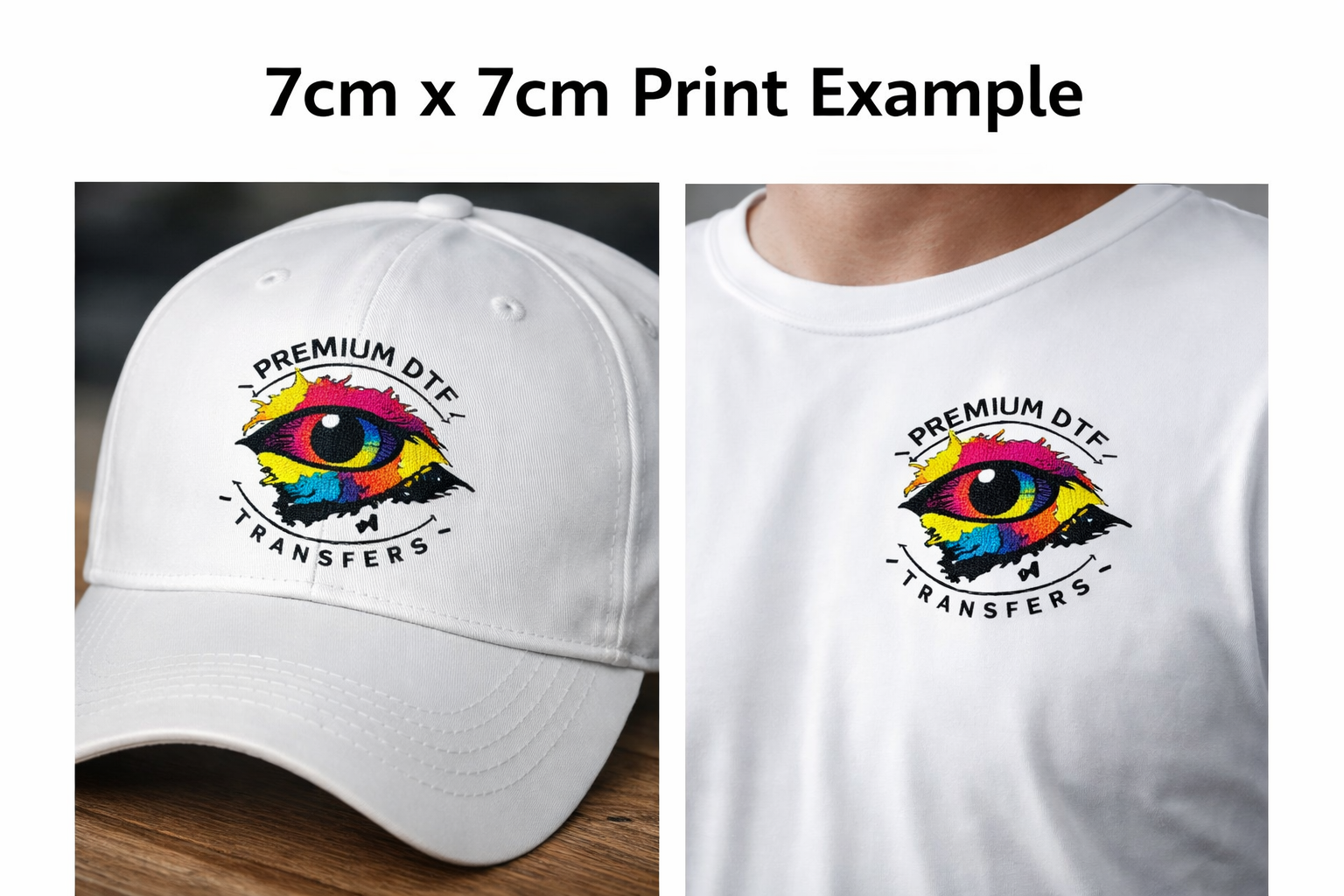 White cap and t-shirt with a colourful logo and text, showing 7cm x 7cm print size
