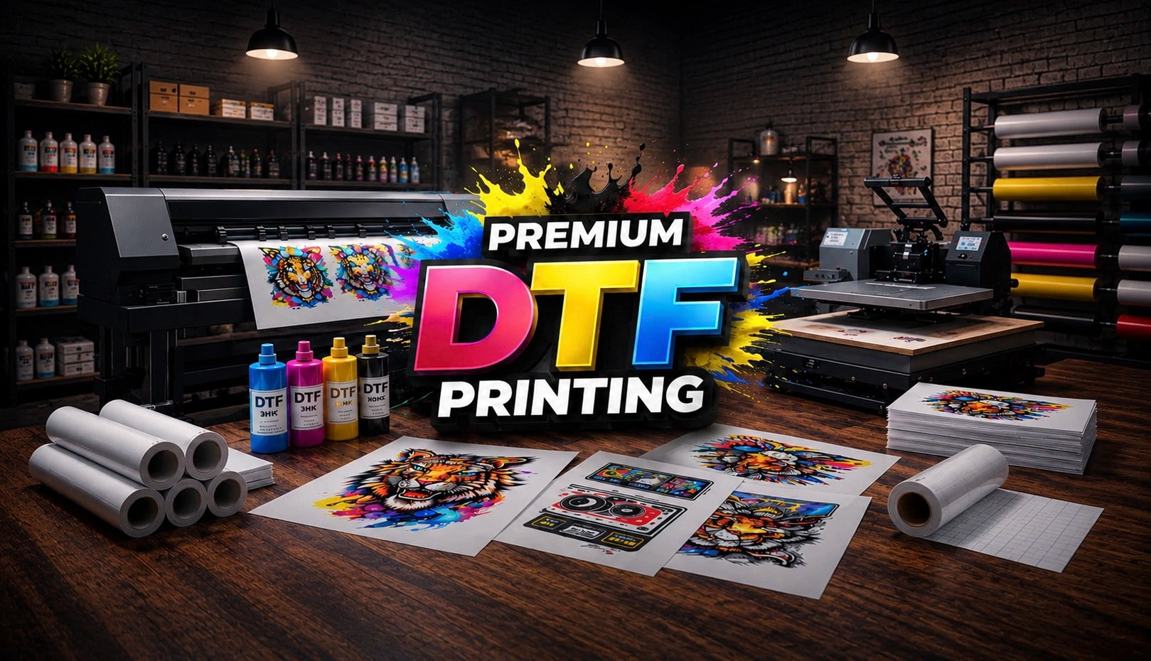 DTF printing setup with equipment and materials in a workshop