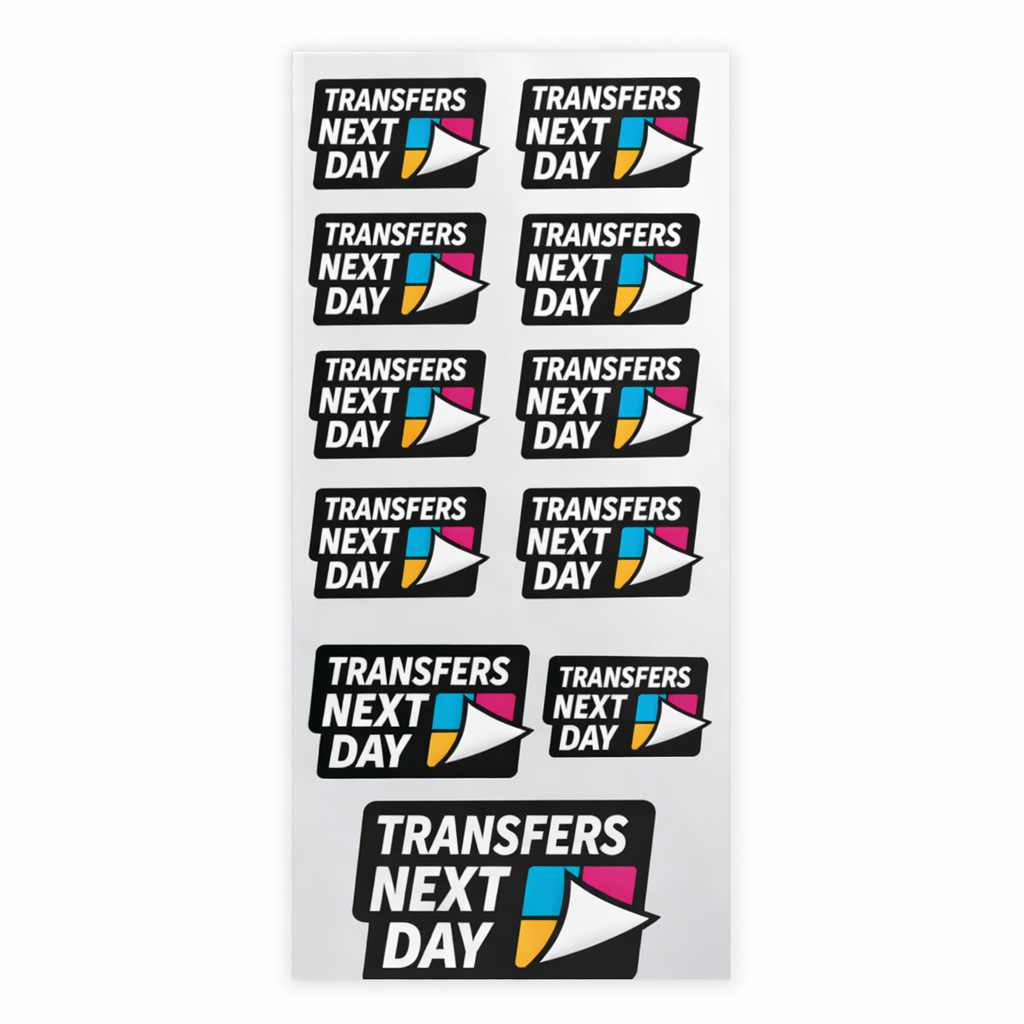 'Transfers Next Day' transfer sheets with colourful design on a white background