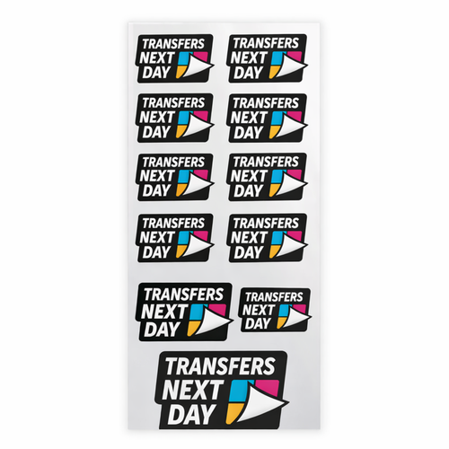 'Transfers Next Day' transfer sheets with colourful design on a white background