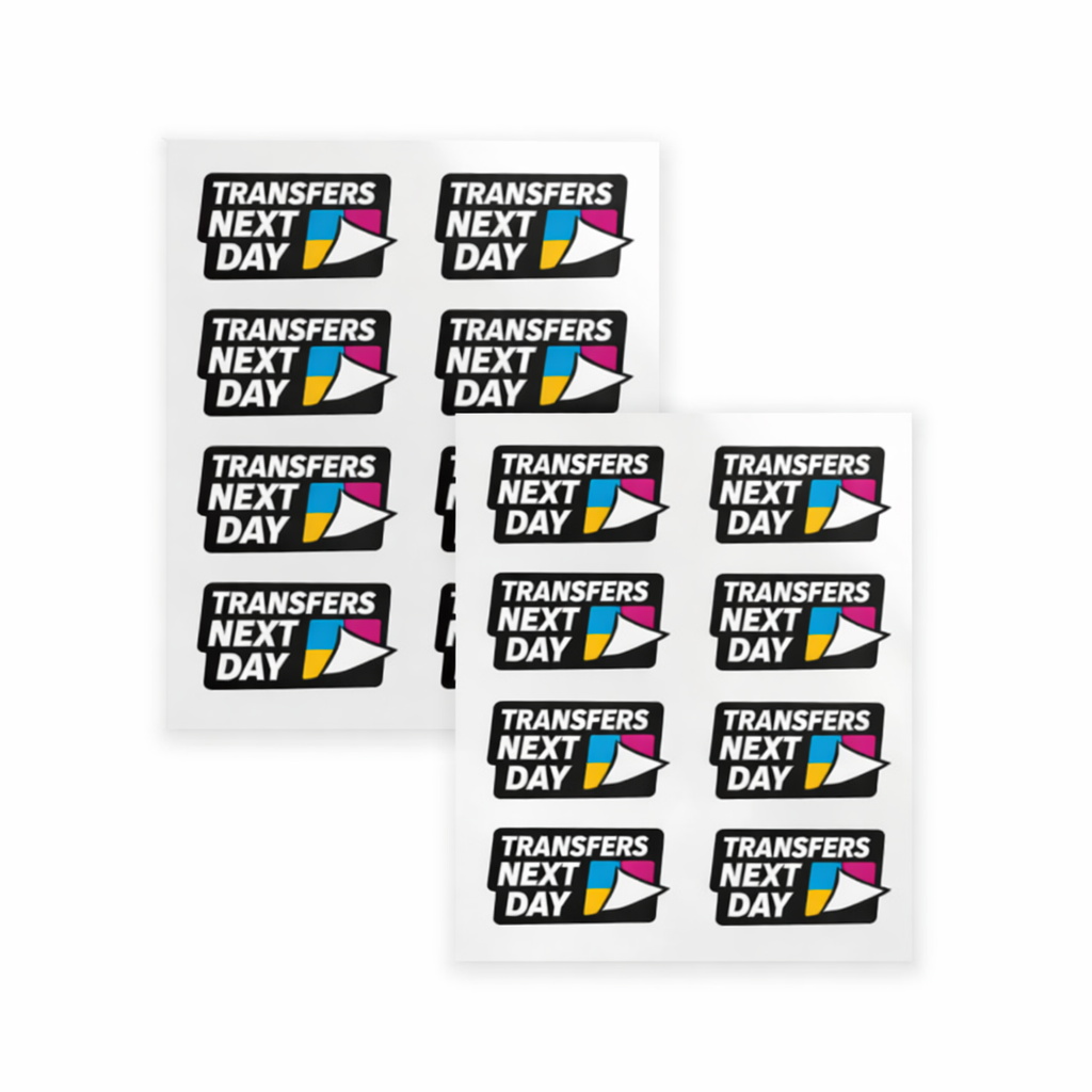 Sheet of 'Transfers Next Day' transfers with colourful design on a white background